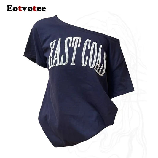EOTVOTEE Sexy T-Shirts for Women Diagonal Collar Short Sleeve Casual Tops Spring 2025 New Fashion Female Letter Printed T-Shirts