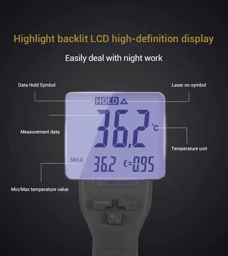 Industrial Laser LCD Digital IR Infrared Thermometer Temperature Meter Point -50-500 Degree Non-Contact Thermometer Pyrometer