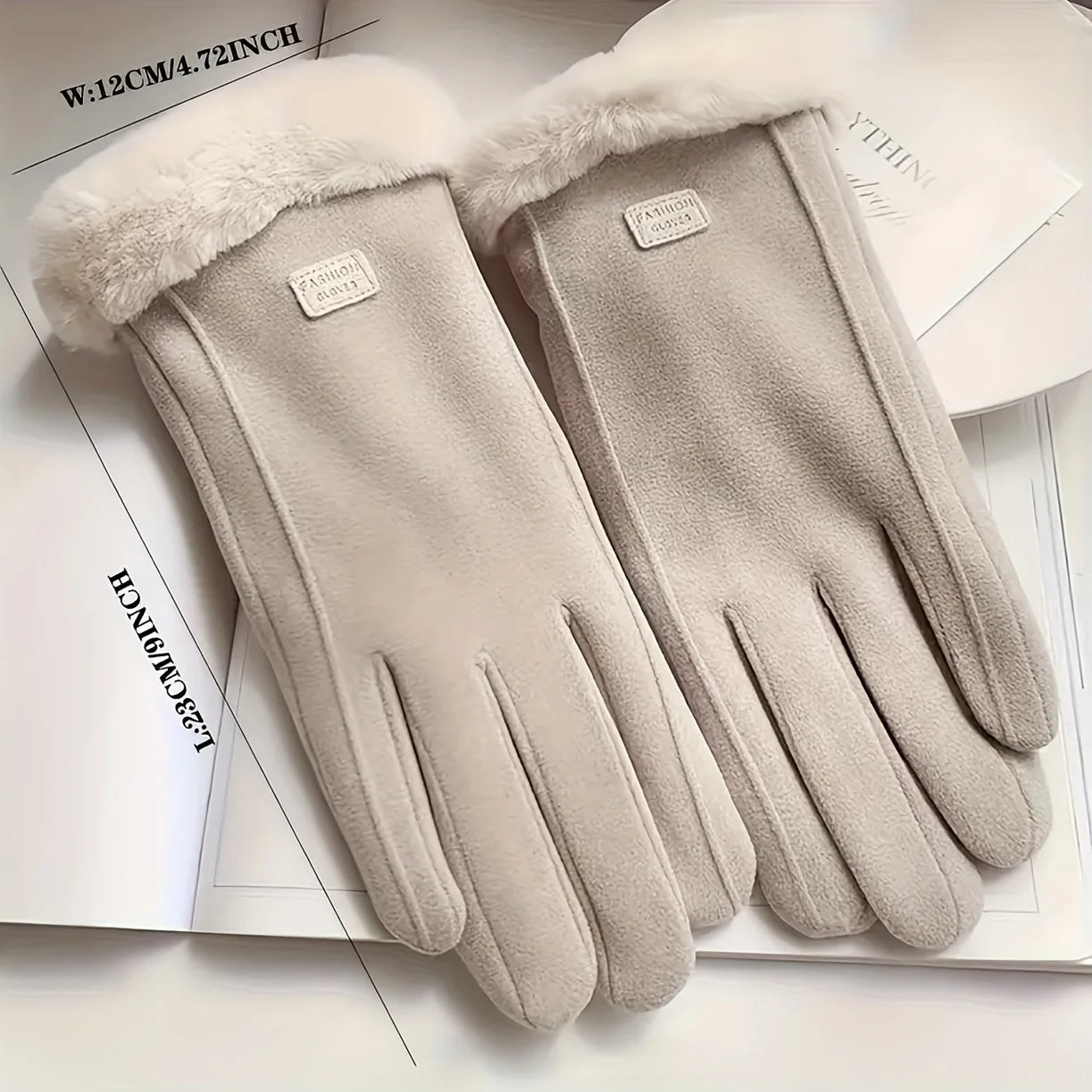 Comfortable beige touchscreen gloves with plush lining - providing thick and warm winter protection for outdoor leisure