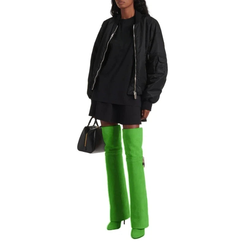 European and American women's fashionable large round toe over knee boots, slim high heels, shark button pants, long boots