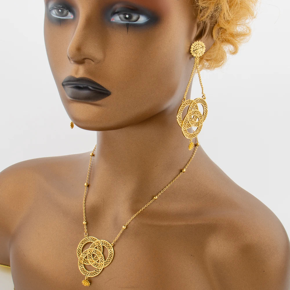 African Jewelry Set for Women Gold Plated Earrings and Pendant Necklace Wedding Party Jewellery Tassel Earrings and Necklace Set