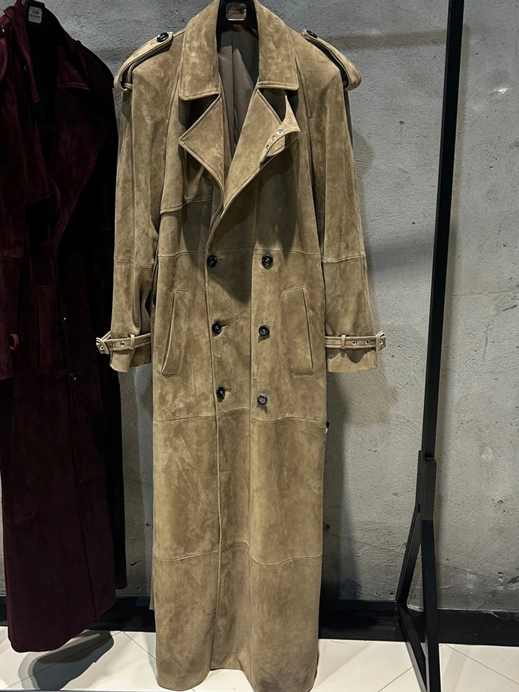Suede Burgundy Long Coat Double Breasted Windbreak Length 150cm Women's Real Suede Coat