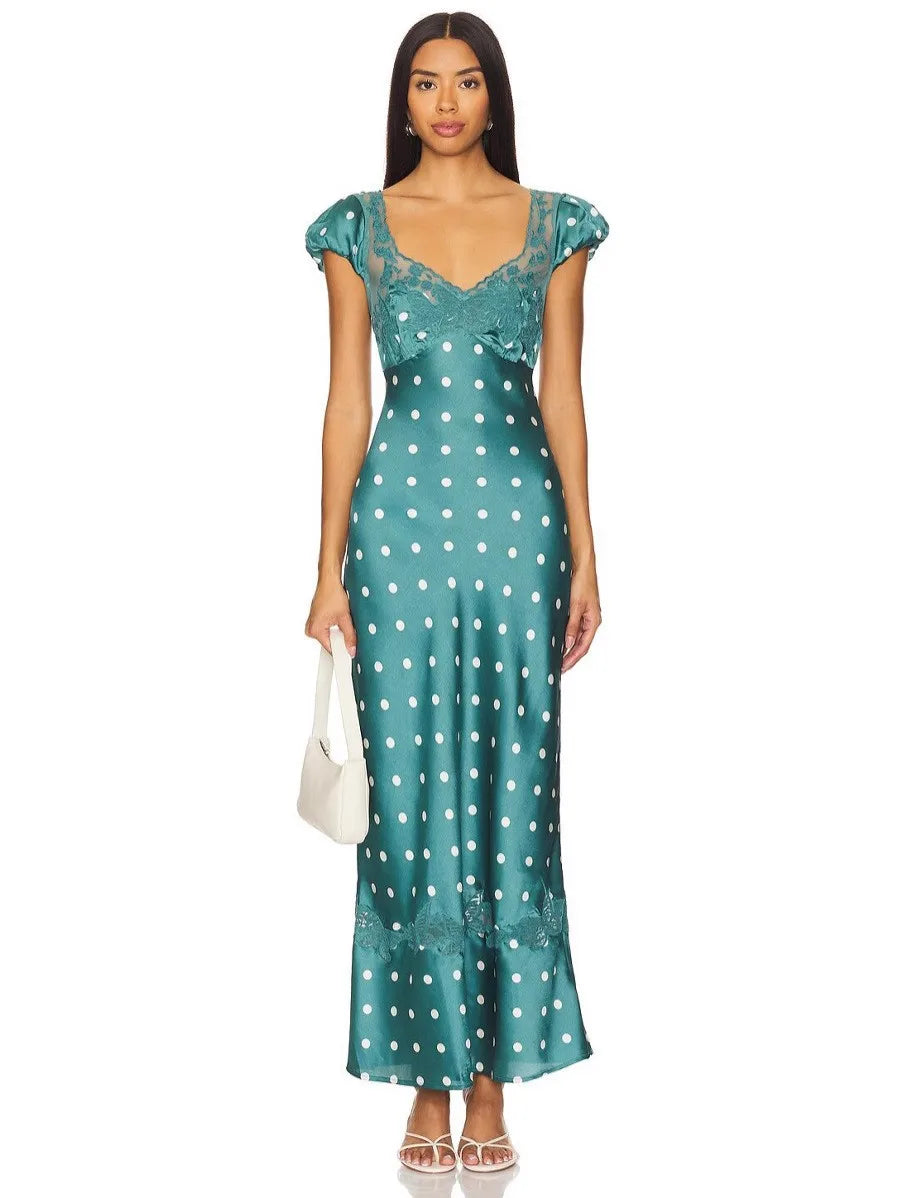 Luxurious Silk Satin Long Dress Elegant Puff Sleeve Polka Dot Floral Gown Sexy Open Back Midi Dresses for Evening Cocktail