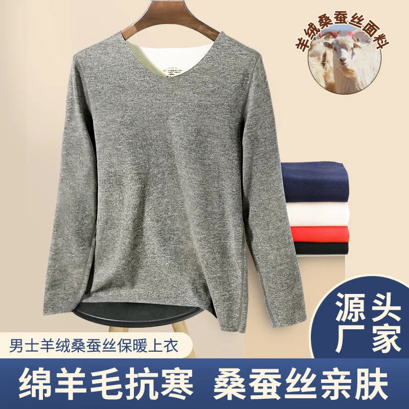 Thermal Underwear Tops Men's Winter Fleece Thickened Undershirt V-Neck Long Sleeve Bottom Shirt Long John Thermo Undercoat