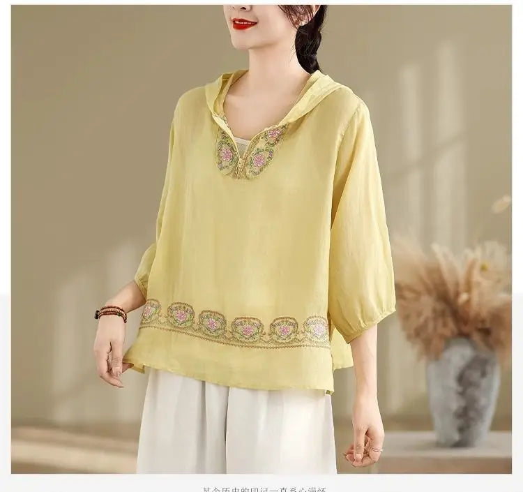 Summer New Embroidered T-shirt Casual Versatile Seven Sleeve Temperament Hoodie Lightweight Hoodie Top for Women