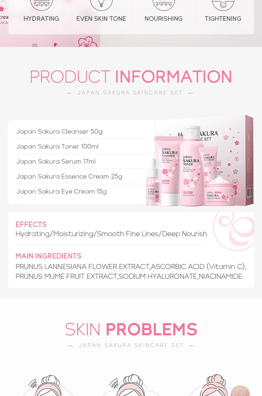 LAIKOU Sakura Kit Skin Care Sets Moisturizing and Reducing Fine Lines Cleansing Pore Product 5-Piece Korean Valentine's Day Gift