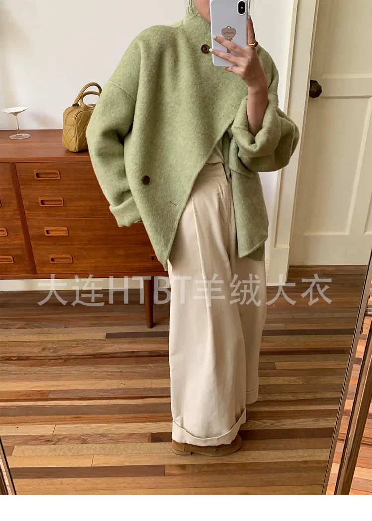 New Winter Short Woolen Coat Fashion Causal Warm Mulberry Silk Lapel Double-sided Wool Coat Loose Suit Jacket Female Tide Autumn
