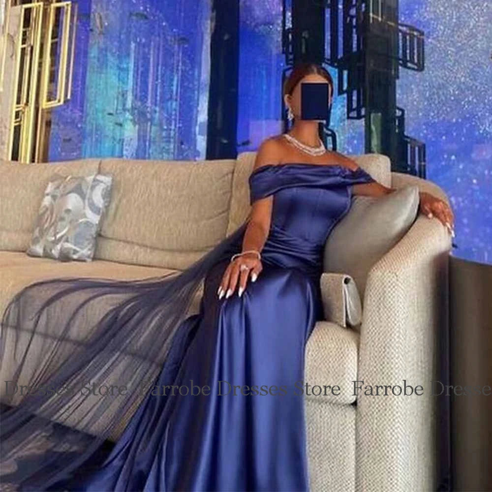 Saudi Arabia Dresses for Special Occasions Satin Sheath Formal Evening Dress Dark Royal Blue Off-the-shoulder Pleat Prom Gown