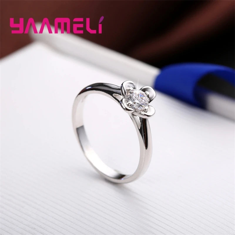925 Sterling Silver Promise Jewelry Flower Cubic Zirconia Charms for Women Lady Wedding Engagement Ring