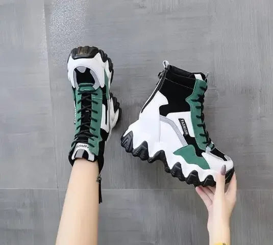 2025 Women Thick Sole Ankle Boots Autumn Luxury Platform Casual Boots Women's 8cm High Heels Wedge Boots Shoes Woman Sneakers