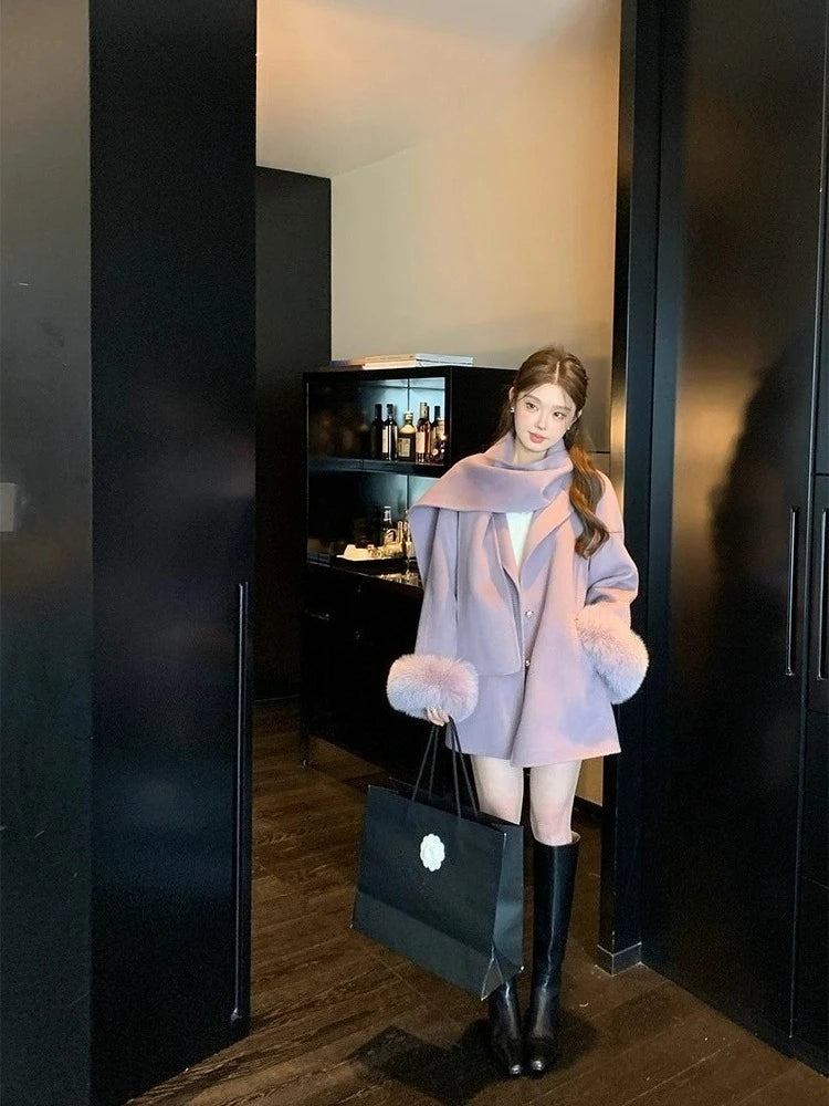 Women Double Faced Wool Coat with Real Fox Fur Sleeves 100 Wool Scarf Autumn Winter 2025 New Fashion Warm Elegant Trench Coat