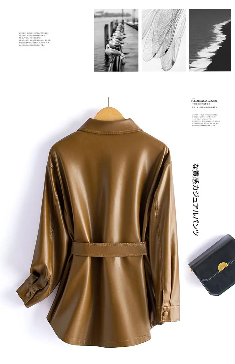Sheepskin Leather Jacket Women Fashion Irregular Turn-down Collar Lace-up Belt Chic Office Ladies Real Split Leather Jacket Coat
