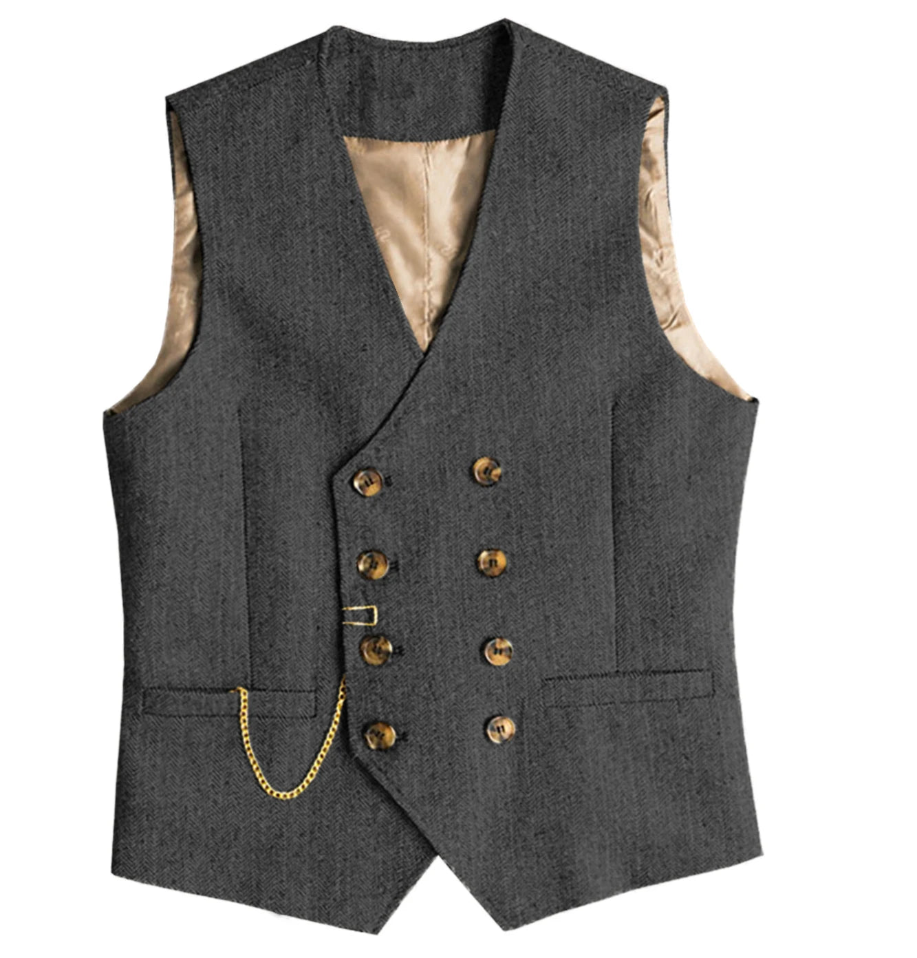 V Neck Men's  Suit Vests Herringbone Wool Tweed Double Breasted Waistcoat Tuxedo Groomsmen For  Wedding