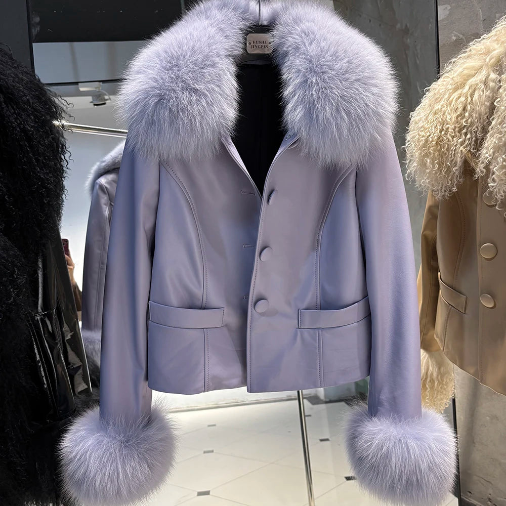 YOLOAgain Women's Mongolia Sheep Fur Collar Real Leather Jacket Single Breasted