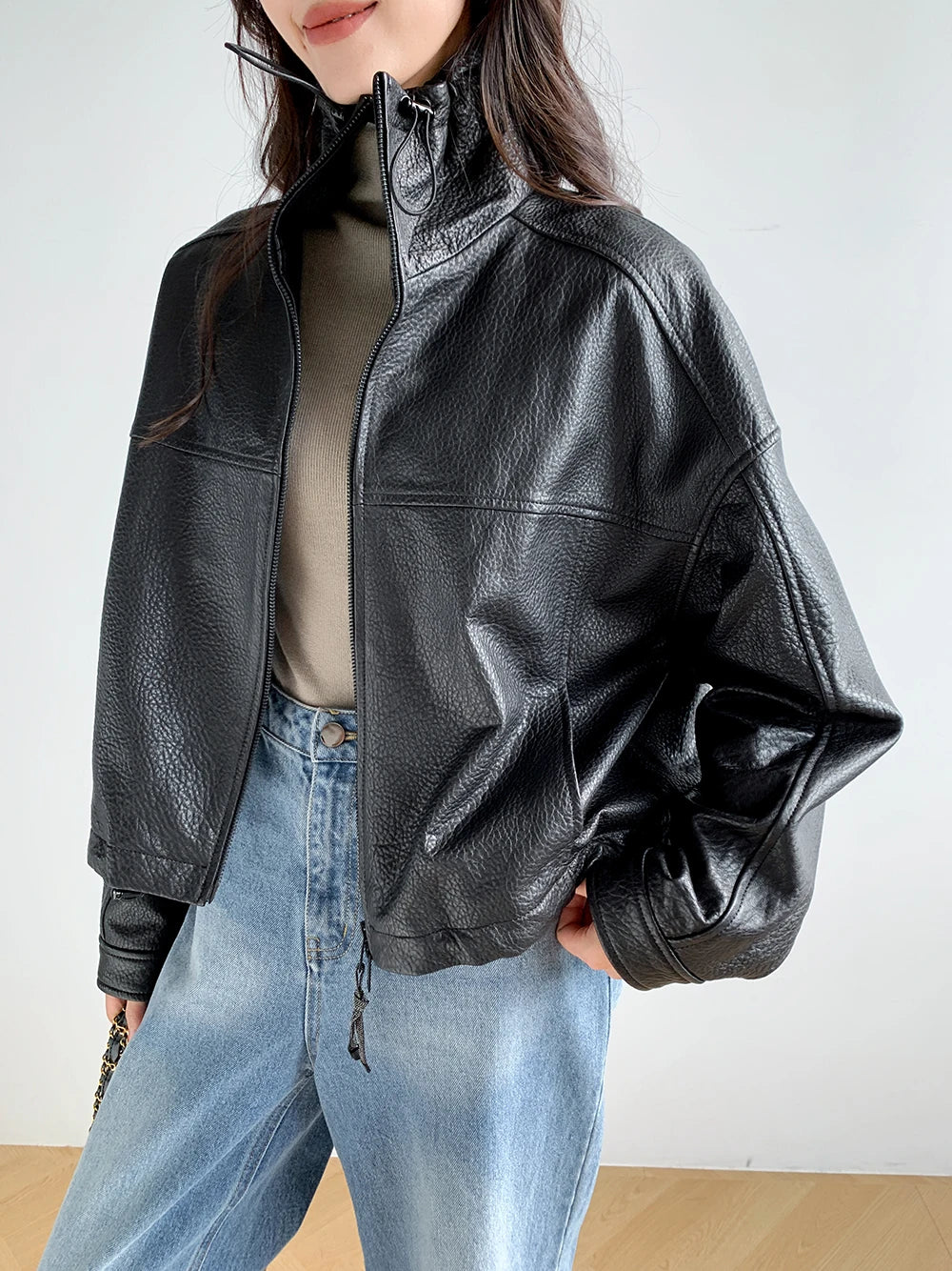 Vintage Genuine Leather Cropped Jackets for Women Spring Autumn 2025 New High-end Simple Stand Collar Bubble Real Sheepskin Coat