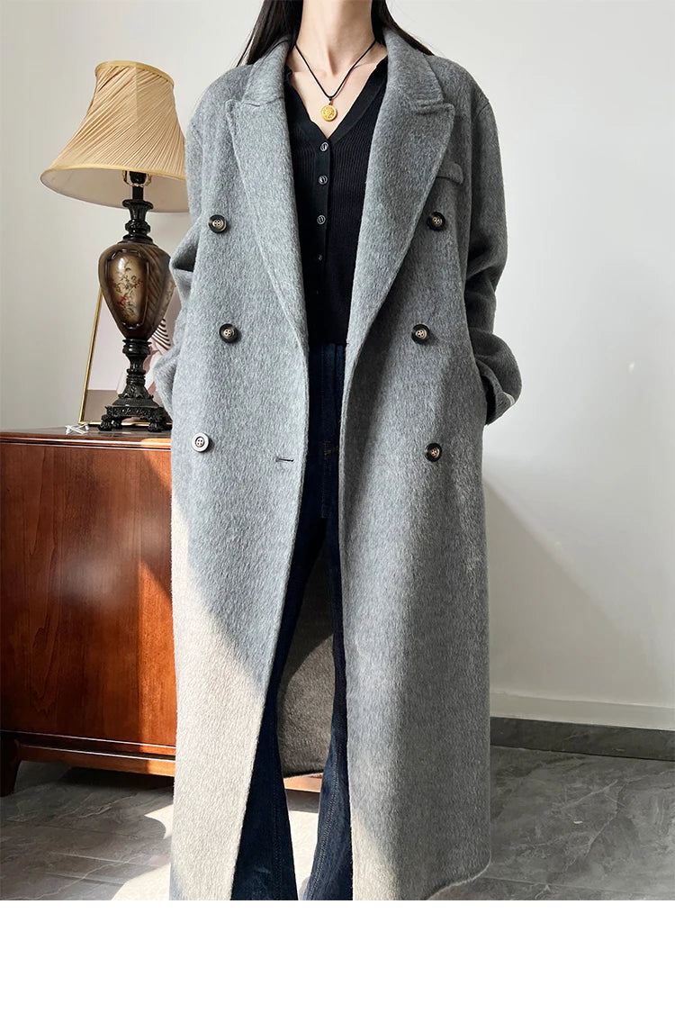 Office Lady Woolen Jackets 2024 Autumn And Winter Suit Collar Double Breasted Warmer Yak Hair Loose Long Women's Wool Coats
