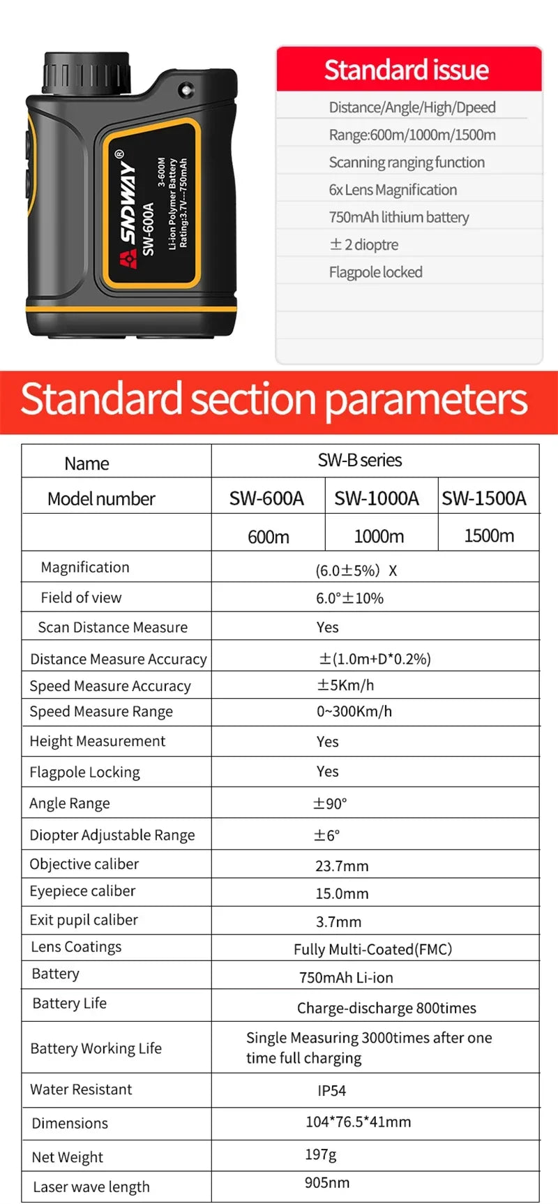 SNDWAY Golf Laser Distance Meter Rangefinder for Hunting 1000M 1500M 2000M Laser Telemeter Golf Camera Outdoor Telescope