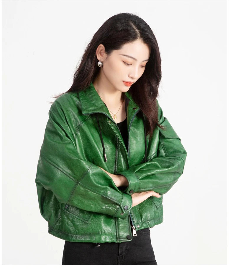 Oil Wax Sheepskin Coats for Women Winter 2024 Green/Blue/Red/Black Fahion Loose Slim Motorcycle Zipper Short Leather Jacket