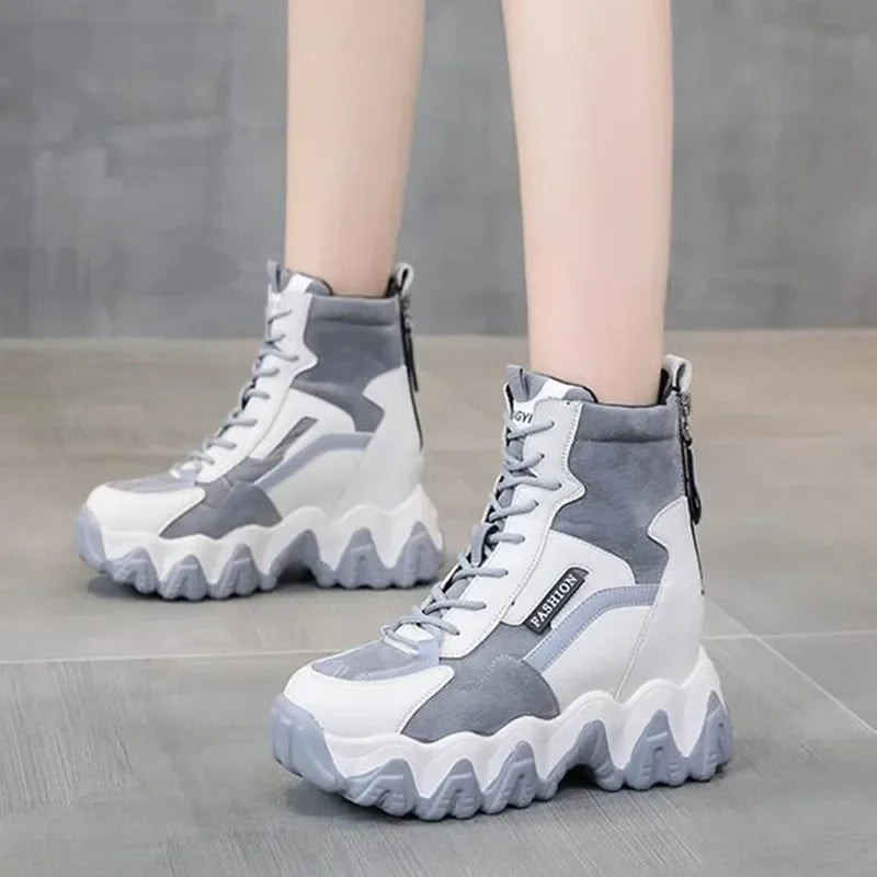 2024 Women Thick Sole Ankle Boots Autumn Luxury Platform Casual Boots Women's 8cm High Heels Wedge Boots Shoes Woman Sneakers