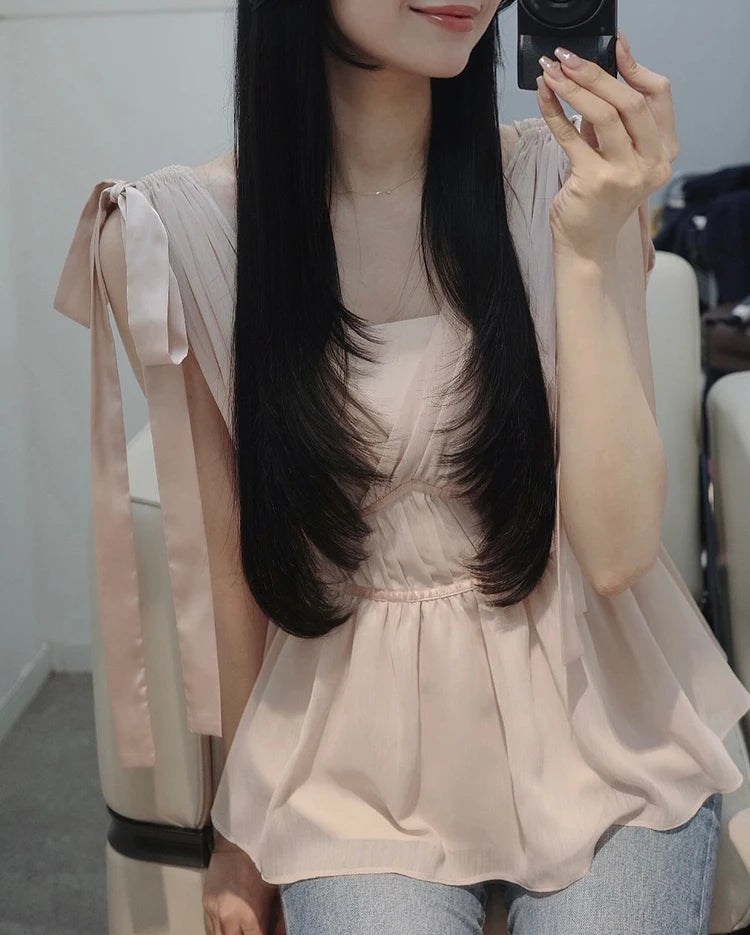 Women's Tops Summer Bow Tie Sweet Elegant Blouse Femme V Neck Shirt Waist-Cinching Japanese Style Sleeveless Chiffon Blouse