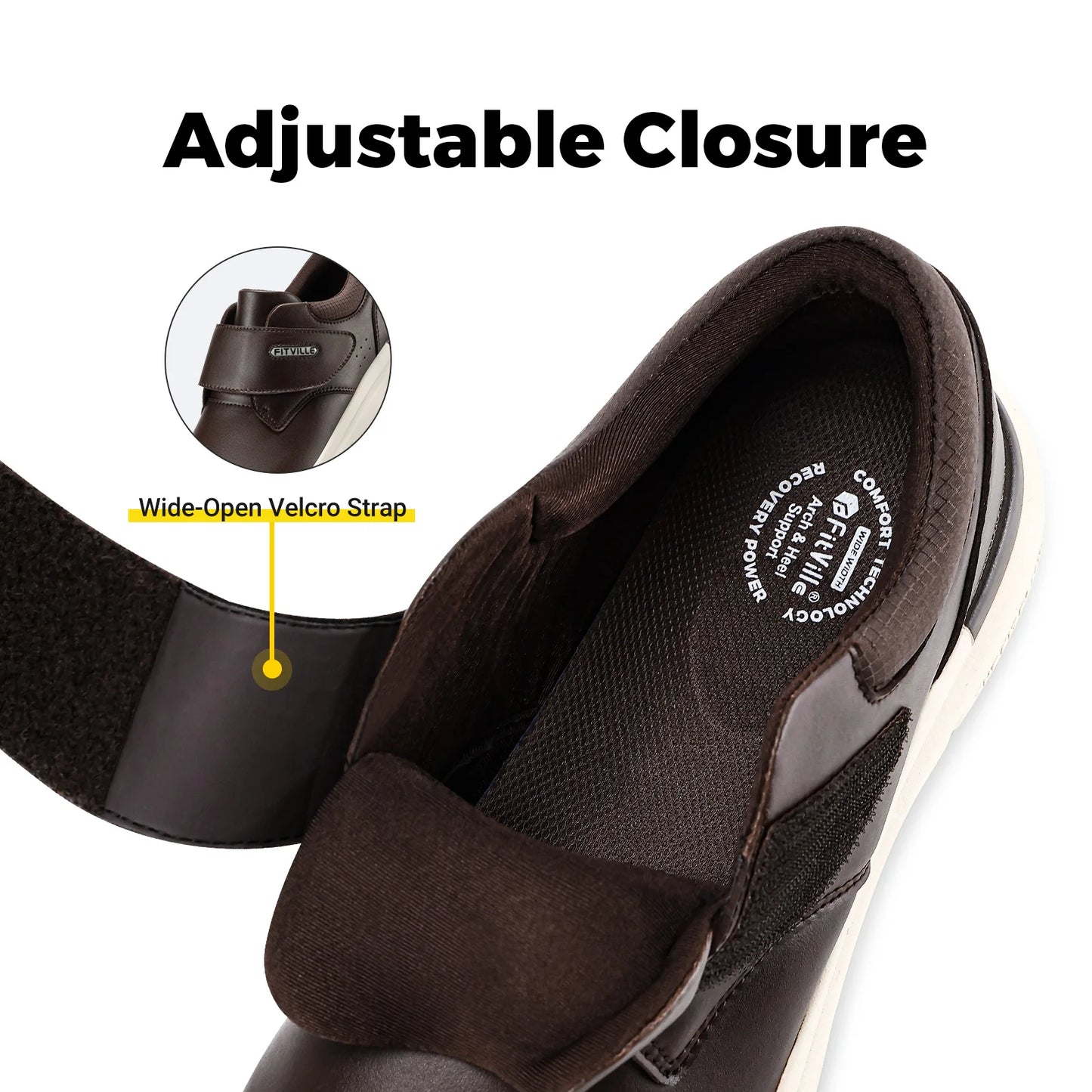 FitVille Men's Leather Shoes Diabetic Shoes Extra Wide Slip On Shoes for Orthopedic Toes Swollen Feet Non-Slip Lightweight
