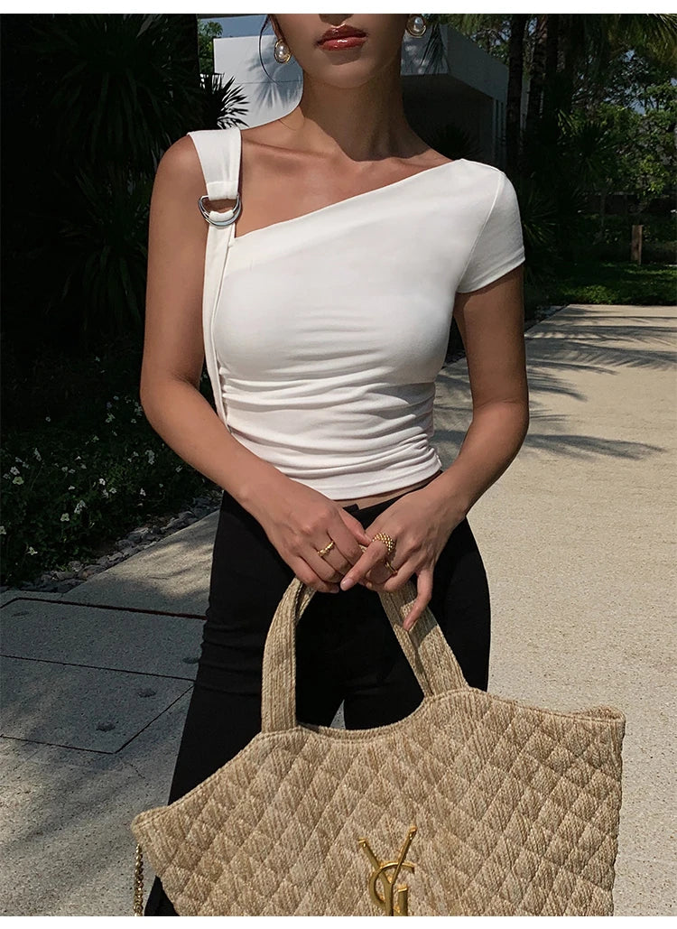 Women Tops Summer Sexy Off Shoulder Crop Tops Casual Female Sling T-shirt Short Sleeved Elastic Fashion White Tees Slash Neck