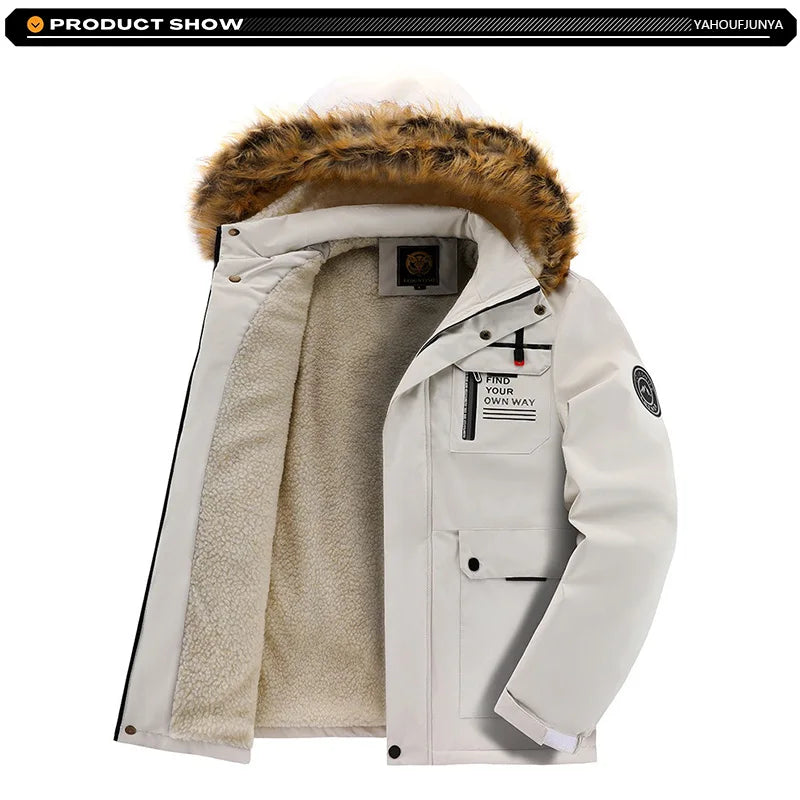 2026Winter Men Outwear Fleece Warm Removable Hooded Hiking Jacket Men Outdoor Windproof Casual Fashion Jacket Coat Male Clothing