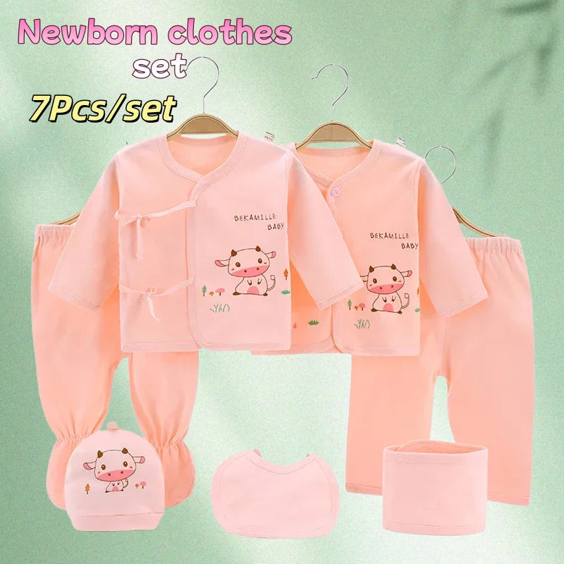 Newborn Baby Boy And Baby Girl Clothes cartoon long Sleeve Bodysuit+Pants+Hat 7pcs Set