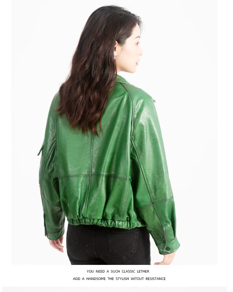 Oil Wax Sheepskin Coats for Women Winter 2024 Green/Blue/Red/Black Fahion Loose Slim Motorcycle Zipper Short Leather Jacket