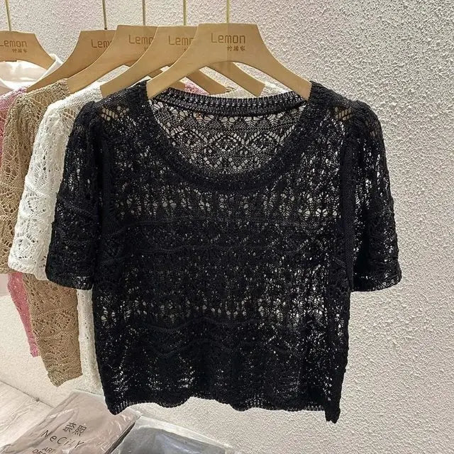 Summer Woman Tshirts Short Sleeve O-neck Loose Tees 2025 Ropa Mujer Hollow Out Knitted Crop T-shirts Vintage Women's Clothes