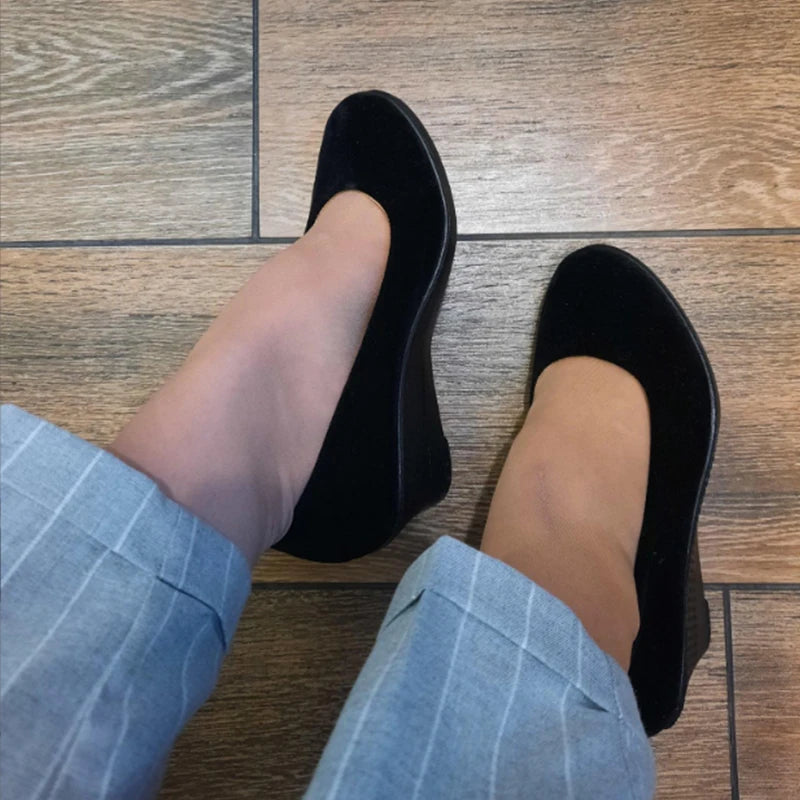 Women's 5cm Wedge Heels Workwear Ceremonial Cloth Shoes Black PU Office Ladies Spring Slip on Oxford Shoes Shallow Mouth Shoes