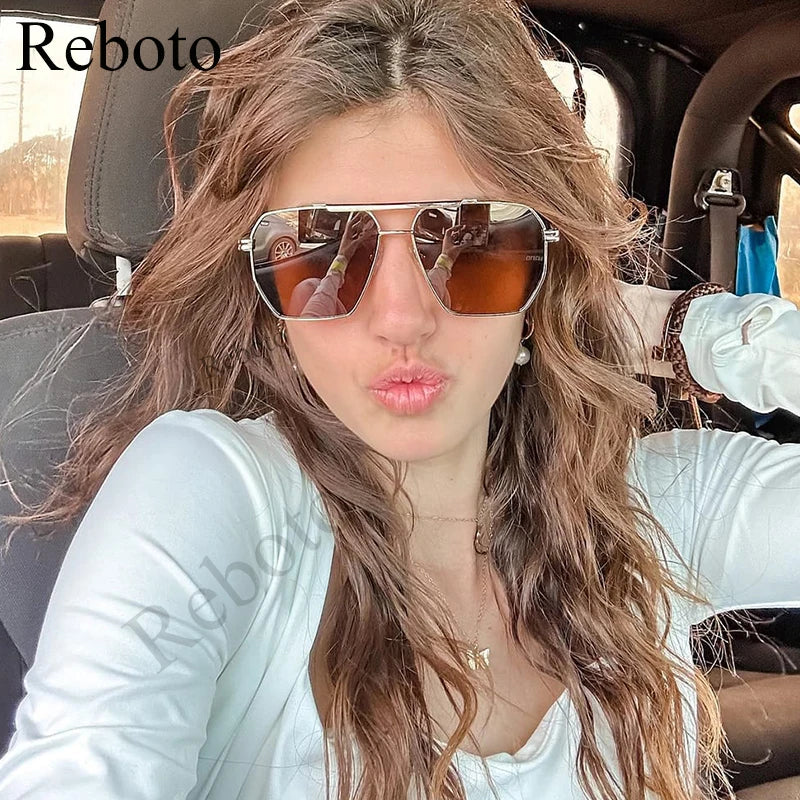 High Quality Square Polarized Sunglasses For Women Retro Oversized Double Bridge Sun Glasses Men Luxury Big Metal Goggle Shades