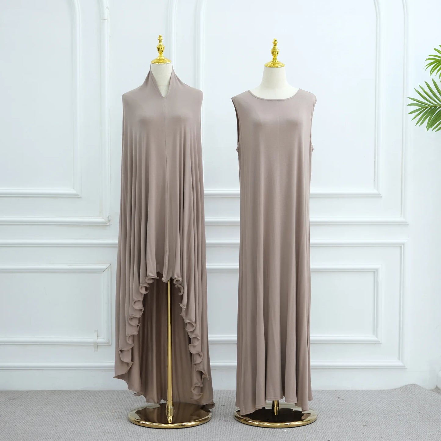 Two Piece Arabic Muslim Women Set Elegant Dubai Hijab Abaya Eid Middle East Prayer Clothes Islamic Khimar Outfit Moroccam Kaftan
