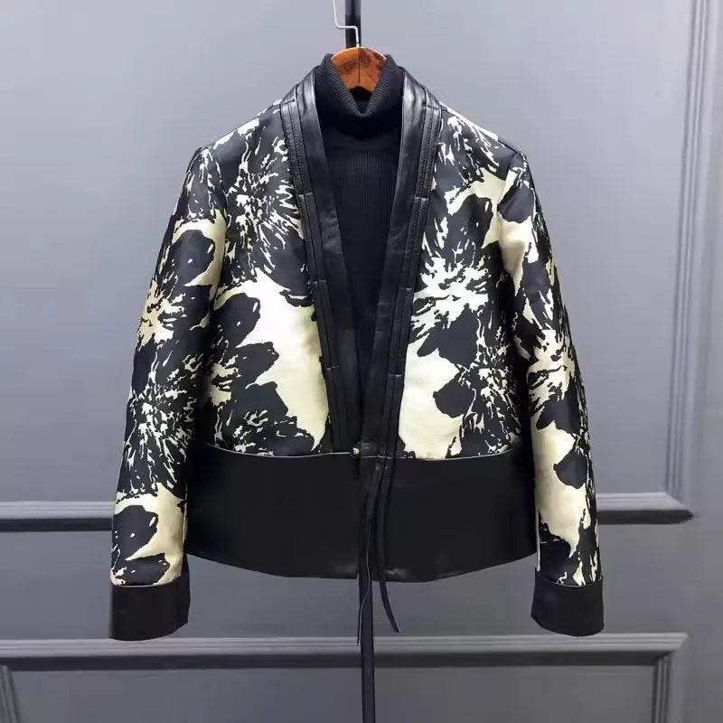 New Chinese Style Printed Patchwork Elegant Women Sheepskin Genuine Leather Jacket V-Neck Spring Autumn Office Ladies Short Coat
