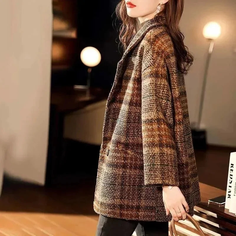 Plaid Suit Woolen Coat Women Autumn Winter New Korean Fashion Loose Woolen Coat Mid-Length Wool Blazer Overcoat Woman Jacket