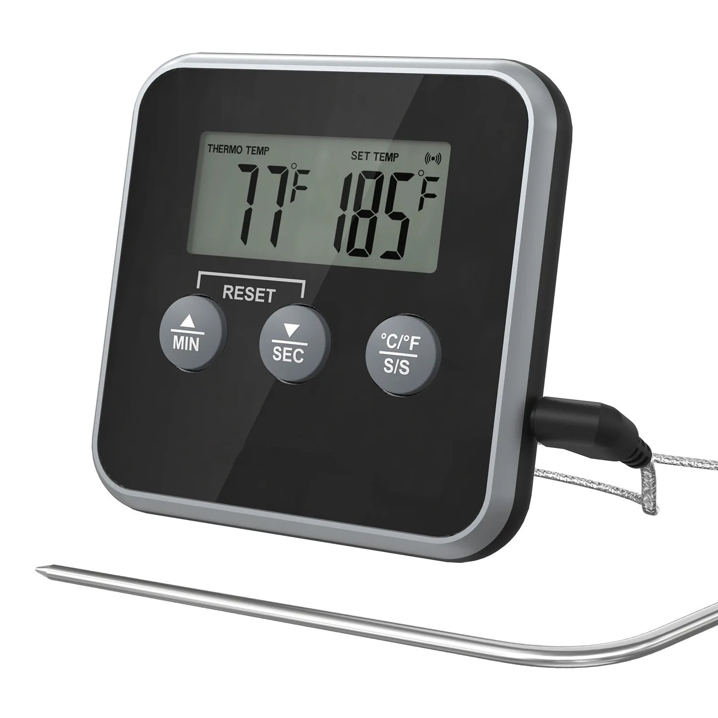 LED Digital Thermometer with Waterproof Probe BBQ Oven Temperature Inspection Instrument Timer High Temperature Alarm