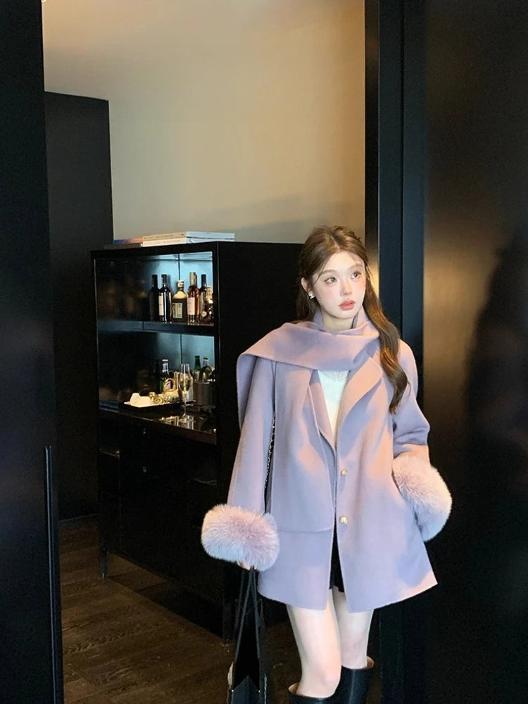 Elegant Wool Coat Warm Women Double Faced Luxury Real Fox Fur Sleeves 100 Wool Scarf Autumn Winter 2025 New Fashion Trench Coat