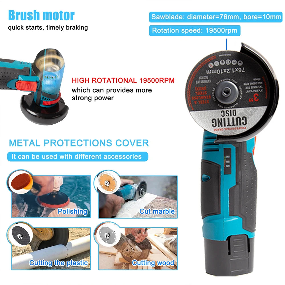 Cordless Electric Grinder 19500rpm Handheld Polishing Grinding Machine Diamond Cutting Power Tool 12V Battery Rechargeable