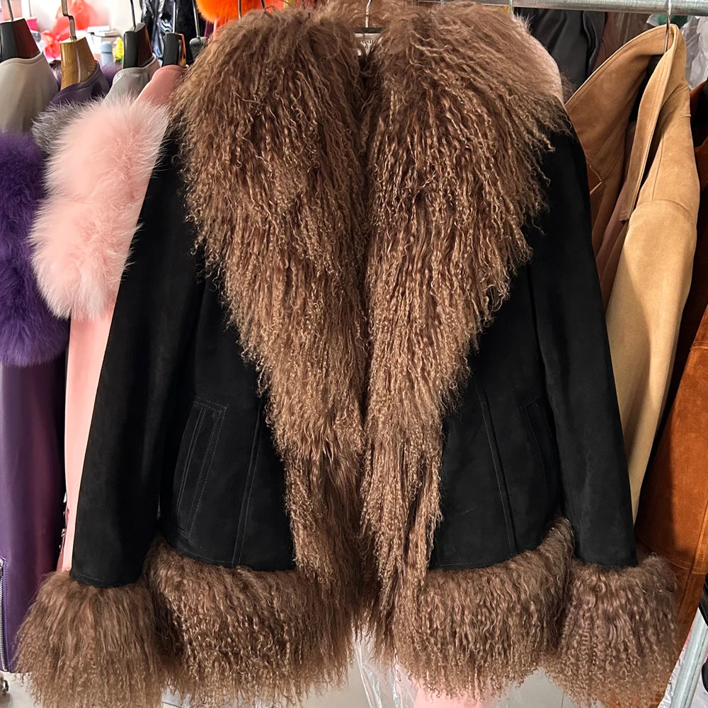 Black Suede Mongolian Sheep Fur Coat Women Fur Jacket with Long Sleeve New arrival Winter Real Fur Coat