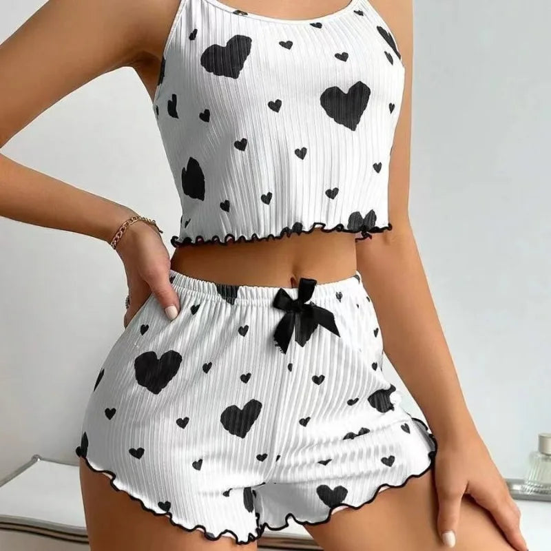 New Women's Pajama Set Knitted Love Printed Sweet Strap Shorts S M L White Breathable Casual Love Printed Home Pajama Set