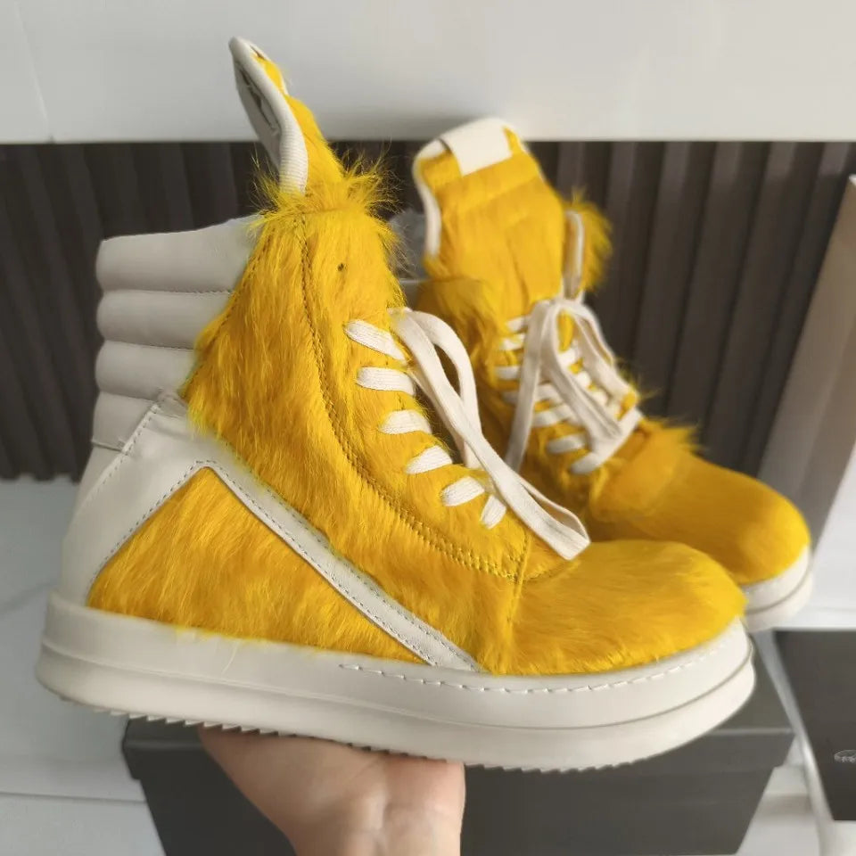 Men's Horsehair Shoes Casual Platform Women High Top Sneakers Leather Luxury Trainers Lace Up Zip Designer Male Boots