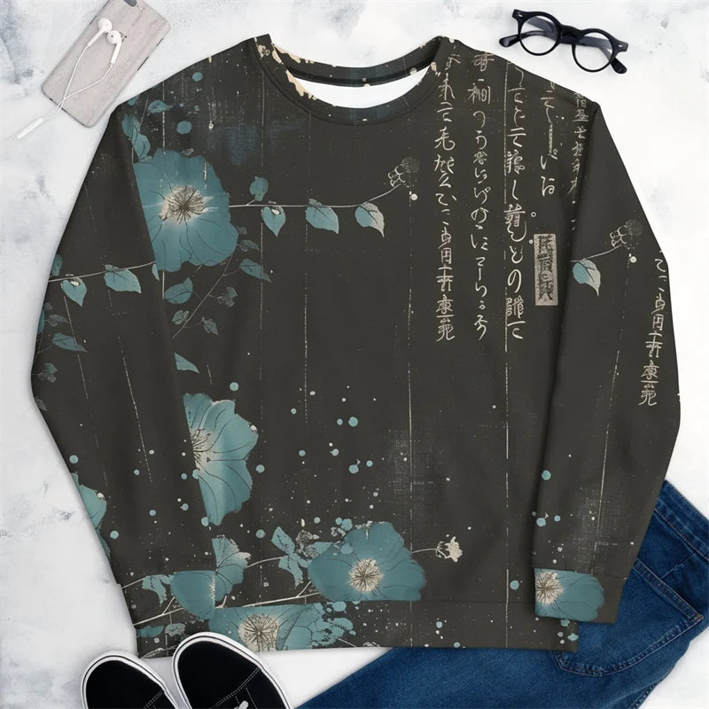 Pullover Sweatshirt For Men Japanese Style Graffiti 3D Printed Long Sleeve Tops Oversized Street Hip Hop O-Neck Casual Hoodies