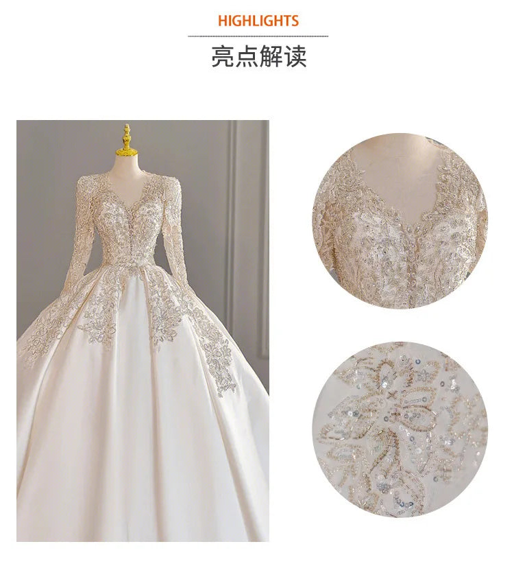 Wedding Dress Long Sleeve Heavy Industry 2023 New Bride V-Neck Satin High Quality Palace Main Wedding Dress French Wedding Dress