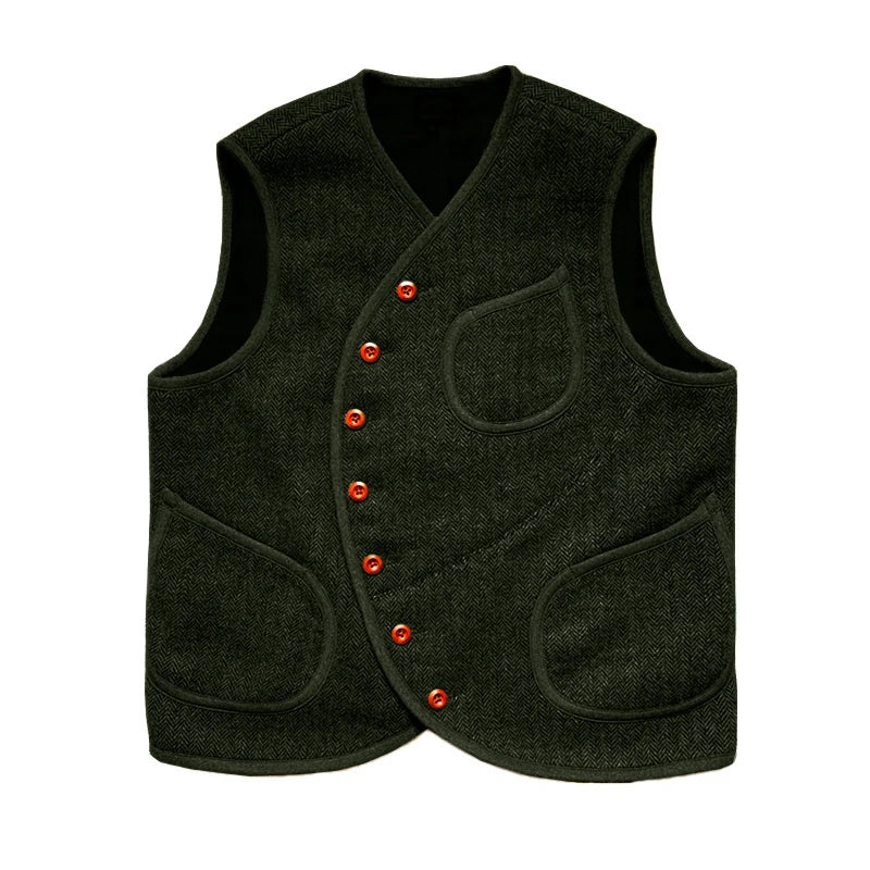 Men's Suit Vest Herringbone Wool Crew Neck Sleeveless Jacket Male Steampunk Waistcoat Vintage