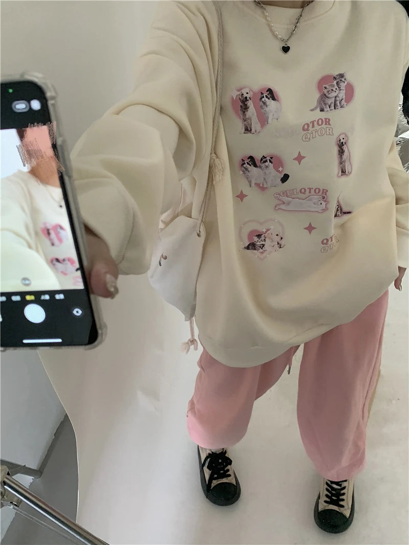 KOSAHIKI Cute Hoodies Women Letter Dog Print Sudaderas Mujer O-neck Sweatshirt Harajuku Streetwear Y2k Pullover Moletom Feminino