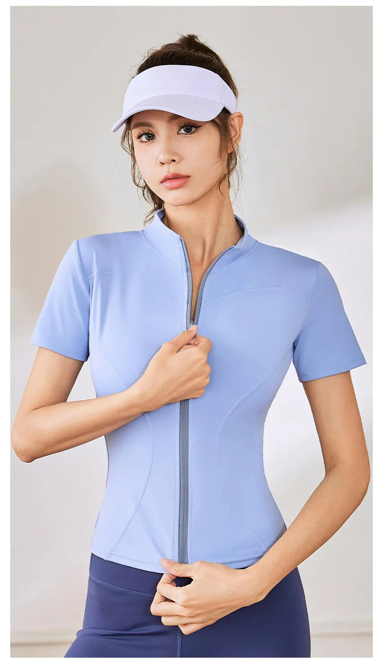 Summer High Quality Waist Slimming Training Tops Women's Quick-drying Tight Stand Collar Full Zipper Short Sleeves Yoga shirts