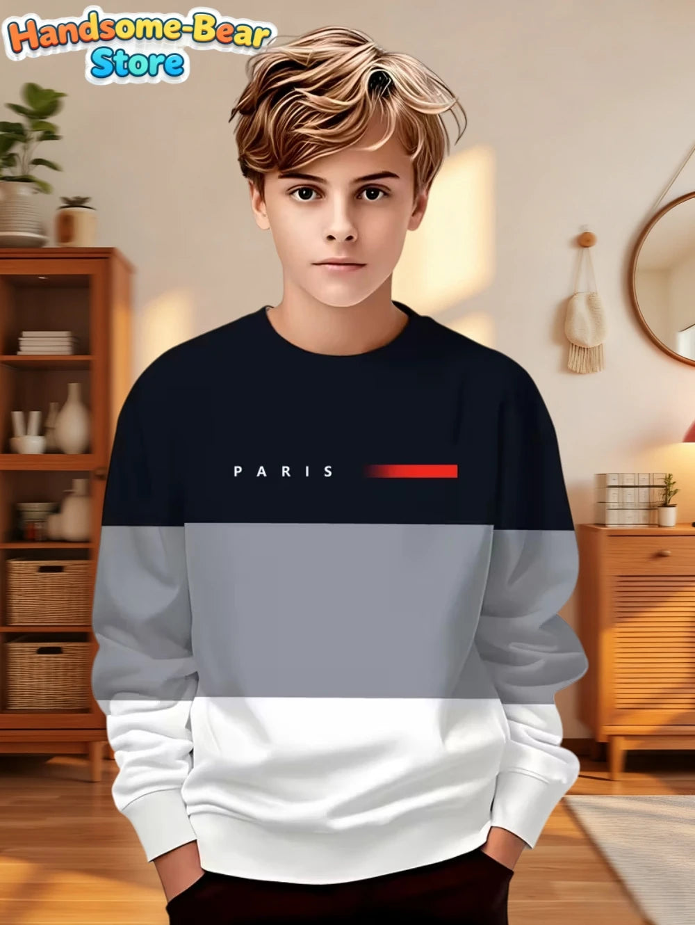 Autumn Classic Boys Sweatshirt Outdoor Round Neck Long Sleeves Top Stripe 3D Print Loose Hoodies Streetwear Children's Clothing