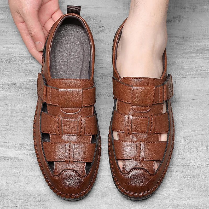 Genuine Leather 2024 Summer Special Offer Men's Business Casual Hollow Work with Holes Leather Sandals Men's Work Hole Sandals