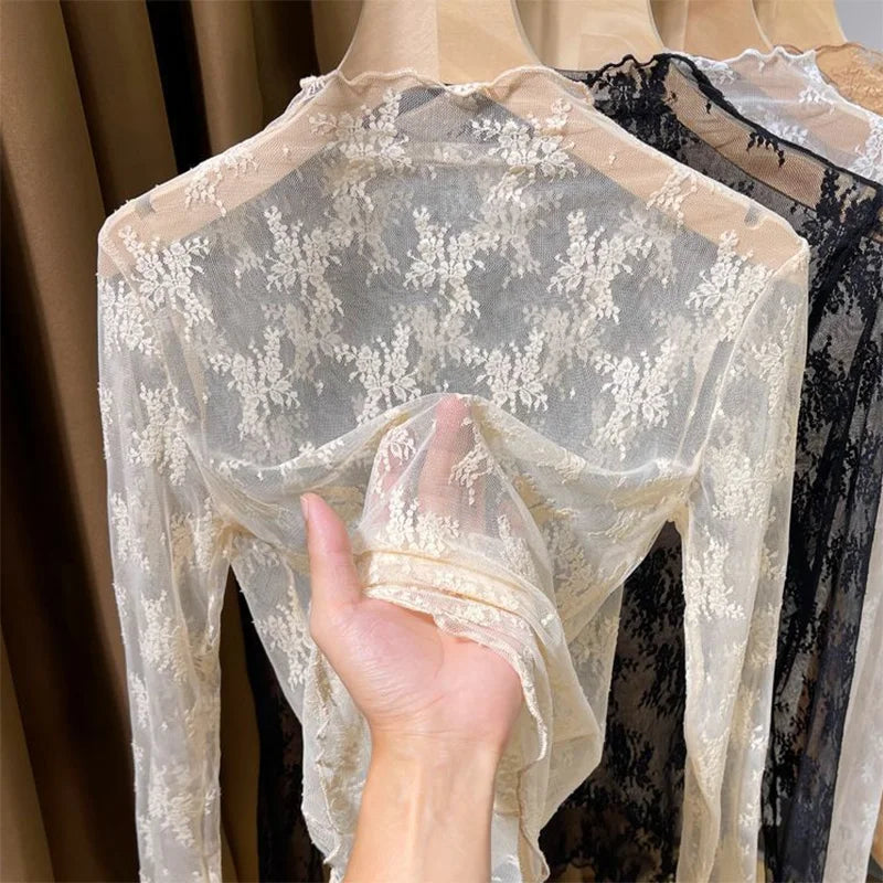 Summer Women Lace Floral Embroidery Blouses  Ladies Tops Sexy Mesh Blouses Transparent Elegant Long Sleeves See-through Shirt