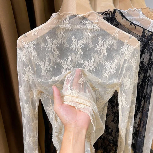 Summer Women Lace Floral Embroidery Blouses  Ladies Tops Sexy Mesh Blouses Transparent Elegant Long Sleeves See-through Shirt